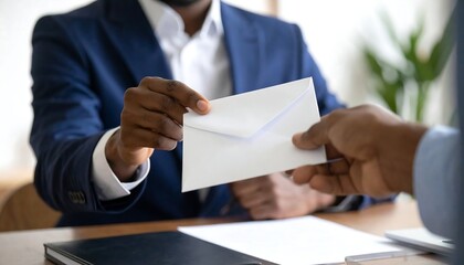 Obraz premium Man hands envelope to another person across desk, documents, and notebook visible