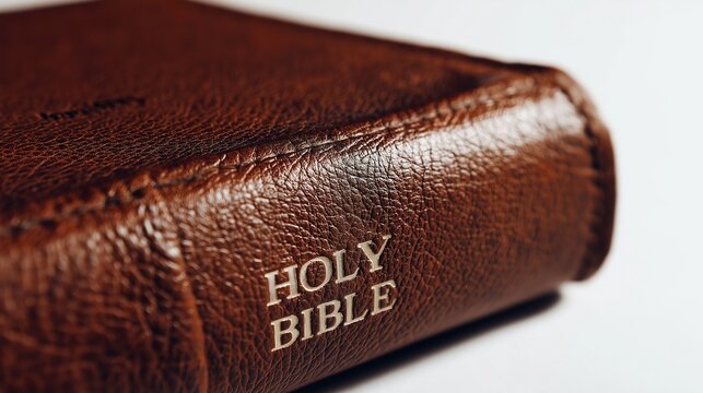 Brown leather Holy Bible with engraved text in close-up view, isolated on a white background using soft light and shallow depth for religious symbolism and themes.