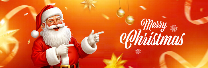 Merry Christmas banner with 3D Santa Claus pointing finger, red background with gold stars and ribbons, festive holiday season greeting card or sale advertisement.