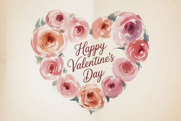 Romantic Happy Valentine's Day wishes, watercolor roses forming a delicate heart shape conveys love and affection for greeting cards and holiday designs