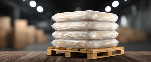 Transparent stretch wrap securely encases stacked goods providing firm reliable shipping support