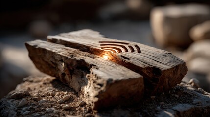 A rustic piece of wood engraved with a glowing symbol stands out beautifully under natural light, creatively merging nature with art and inviting contemplation of meaning.