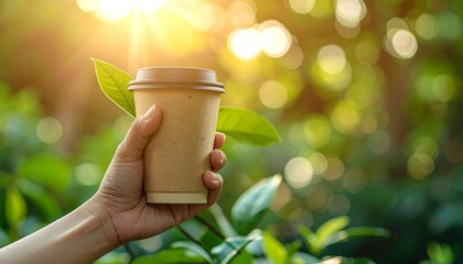 Hand holds a brown paper cup with leaves against sunlit green foliage, creating a nature-friendly vibe