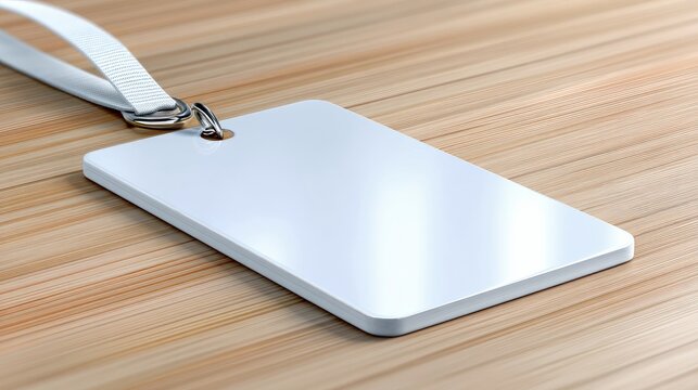 A blank white badge with a white lanyard and metal clip rests on a light wooden surface. The lighting is soft and highlights the reflective surface of the badge