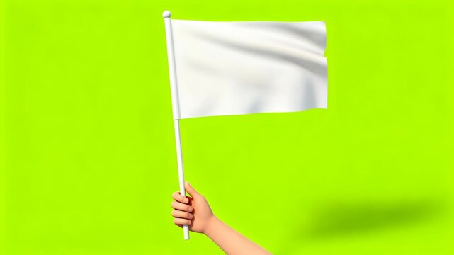 White flag held by hand on flagpole against green background conveying surrender and peace. waved mockup expressing truce and calm emotion