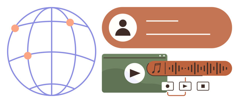 Global network connections, user profile, music and video files, and media sharing tools. Ideal for technology, communication, social media, content creation, digital marketing networking