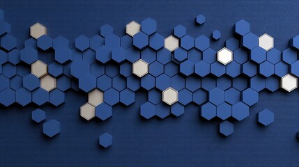 An abstract geometric pattern composed of blue and gold hexagons arranged in a textured, dark blue background. The hexagons are of varying heights, creating a s