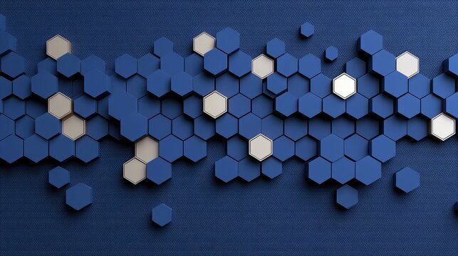 An abstract geometric pattern composed of blue and gold hexagons arranged in a textured, dark blue background. The hexagons are of varying heights, creating a s