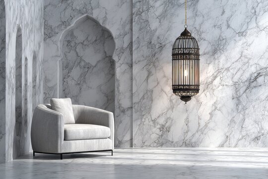Elegant interior space features luxurious marble cladding and traditional lantern lighting