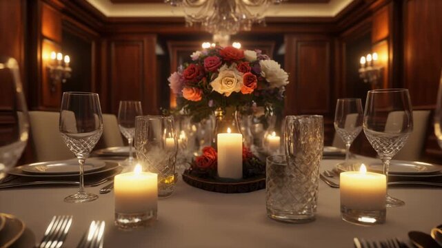 Elegant Dining Table Set for a Formal Dinner with Candles and Flowers (210) photo