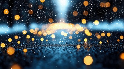 A dark, textured surface with falling snowflakes and out-of-focus bokeh lights in warm orange and cool blue tones, creating a magical and festive atmosphere.