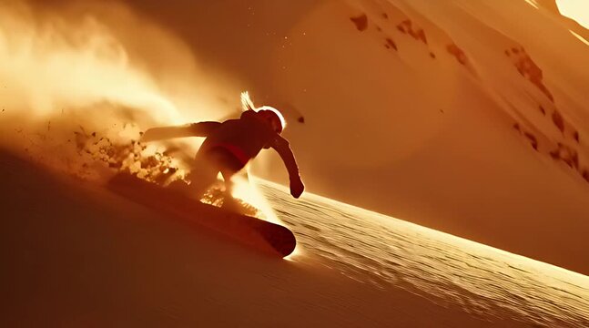 Silhouette of a sandboarder carving down a large sand dune at sunset kicking up a massive cloud of golden dust in a dramatic desert landscape