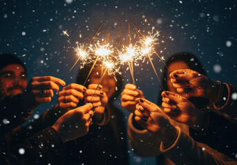 Friends celebrating with sparklers during a winter snowfall at night