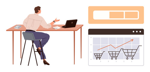 Professional reviewing sales graph with shopping carts and rising trends on a laptop. Ideal for analytics, e-commerce, business strategy, digital marketing, budget planning, innovation, and progress