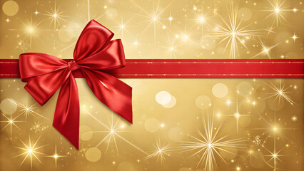 Elegant red ribbon and bow on glittering gold holiday background, perfect for Christmas greetings and festive designs, adding charm and warmth