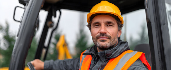 The heavy equipment operator guides a big building machine outside on site