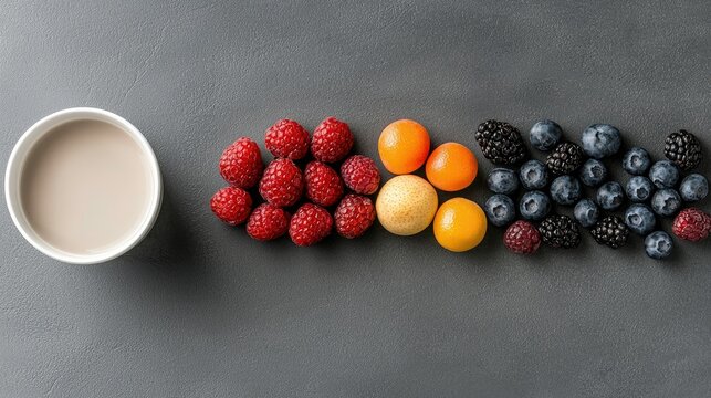 A top-down view of a white cup filled with milk, placed next to a colorful arrangement of fresh raspberries, kumquats, blueberries, and blackberries on a gray b