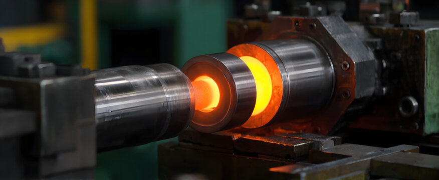 The metal tube extrusion machine forms heated metal by forcing it through a die.