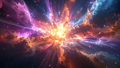 Radiant burst of light amidst swirling nebula clouds, streaking rays, and distant stars