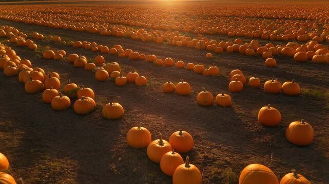 Extensive pumpkin patch stretching into the distance under a warm sunset glow pumpkins field