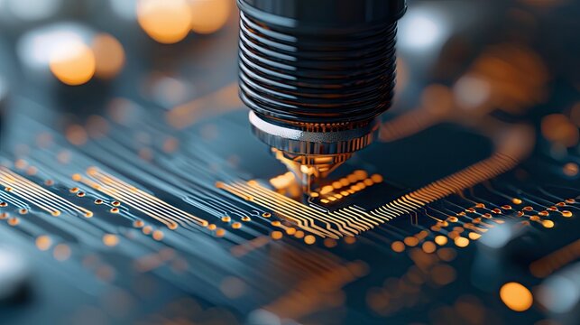 Close-up of an automated assembly machine's robotic arm precisely placing a component onto a complex printed circuit board, with soft, warm bokeh lights in the