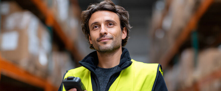 Warehouse staff efficiently using handheld barcode scanner for precise organized stock management