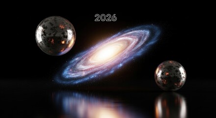 Futuristic depiction of a galaxy, two spheres, and the year 2026, set against a dark background