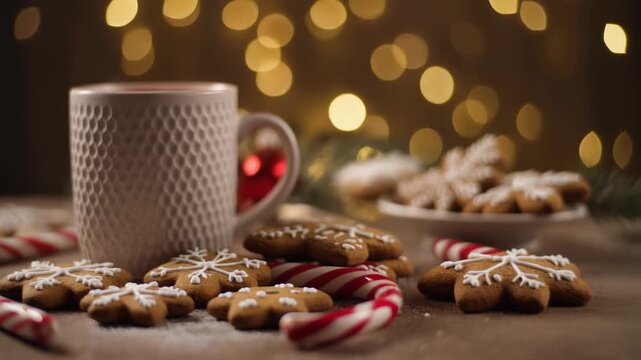 Cozy winter kitchen counter with a warm mug of cocoa, festive gingerbread snowflake cookies, and candy canes against a backdrop of twinkling lights