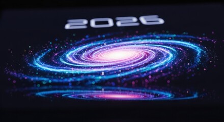 Futuristic digital artwork featuring a swirling galaxy beneath the year 2026, reflection