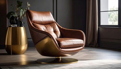 Brown leather swivel armchair, gold accents