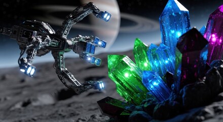 Futuristic spacecraft reaches towards large cluster of glowing, multi-colored crystals on a moon