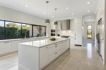 Bright and modern luxury kitchen interior with a large central island, pristine white cabinetry, high-end stainless steel appliances, and expansive windows offering a tranquil view