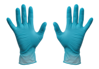 Macro shot of two new cyan-blue nitrile examination gloves with fine texture on a transparent background with copy space. Concept of sterile medical safety