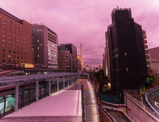Impressive modern architecture by nightfall taken from the Shibuya Sakura Stage building, Shibuya district, Tokyo, Japan