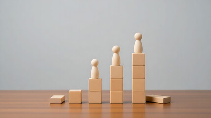 Wooden human figures ascending on stacked blocks, symbolizing career growth, business success, personal development, and hierarchical progress