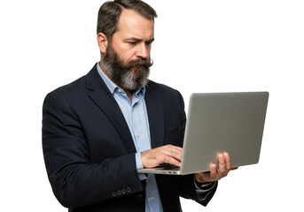 Bearded businessman working on a laptop isolated on transparent background
