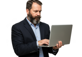 Bearded businessman working on a laptop isolated on transparent background