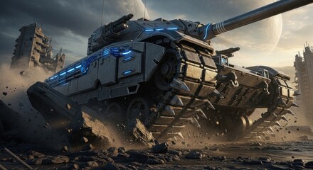 Futuristic tank amid ruined city, two moons in sky