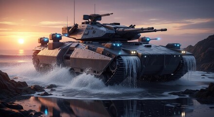 Futuristic tank driving through shallow water at sunset