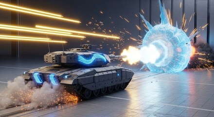 Futuristic tank fires on glowing energy shield, sparks fly, smoke trails behind