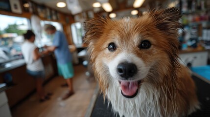 A smiling, wet dog radiates joy at a grooming salon, capturing the essence of pet care and companionship as it delights in the attention and pampering from the groomer in the background.
