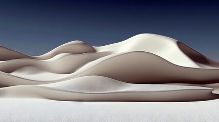 A serene, abstract landscape featuring rolling sand dunes with smooth, flowing curves under a deep blue sky. The lighting creates soft shadows and highlights, e