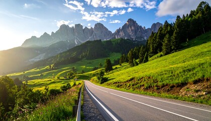 Road leads toward towering mountains under a blue sky with fluffy clouds, sunshine