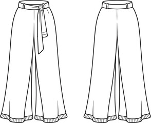 Wide leg trousers technical drawing, fashion flat sketch, vector illustration, high waist pants with tie belt, apparel design template, front view.