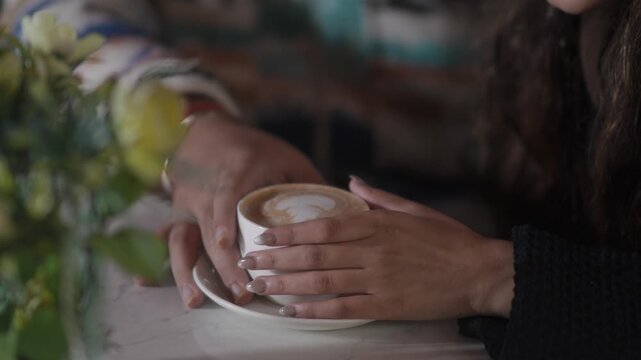 Couple Hand Holding Coffee | Romantic Caf&eacute; Moment, Warm Relationship Bond, Love & Togetherness, Cozy Coffee Date Lifestyle Concept