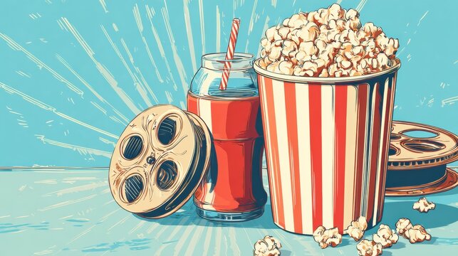 Vibrant Illustration of Popcorn, Soda, and Vintage Film Reels Creating a Nostalgic Movie Night Atmosphere