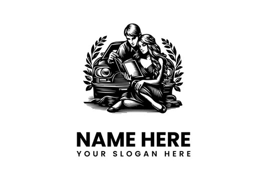 A romantic couple sitting by a classic car on a journey, a vintage hand-drawn vector logo illustration