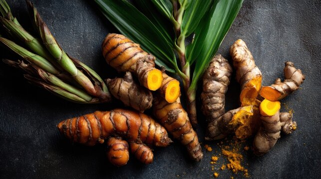 Fresh turmeric roots and green leaves on a dark background