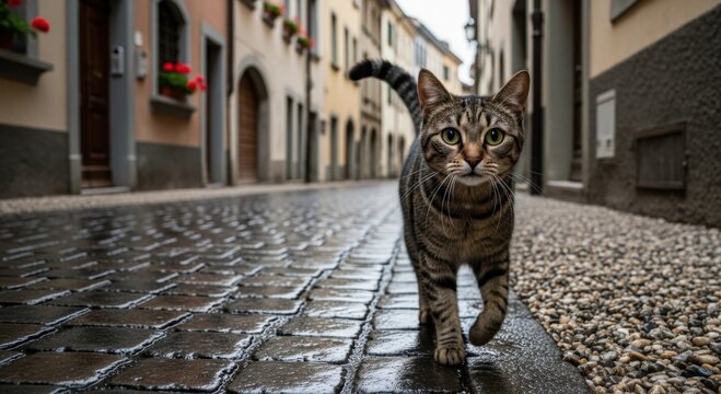 Probing cat strolling on textured cobble lane gazing at viewer, evoking alluring instance of linkage