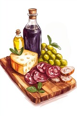 Rustic charcuterie board with cheeses, cured meats, fresh fruits, olives, and artisan bread, top view